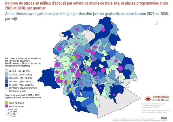 Nombre de places en millieu d'acceuil par enfant de moins de trois ans et places programmées entre 2023 et 2030, par quartier