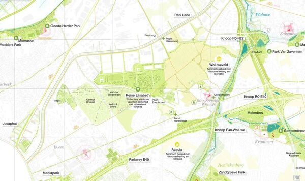 Un couloir écologique pour le nord-est de Bruxelles et sa périphérie. À gauche : la moyenne ceinture et Josaphat à Schaerbeek. À droite : le Ring et l'aéroport à Zaventem.