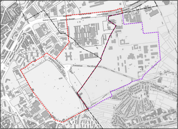 En rouge le périmètre du RPA, en violet le périmètre du GRUP. Ensemble, ils comprennent l'ensemble du site de la Défense ainsi que les cimetières de Bruxelles, Evere et Schaerbeek.