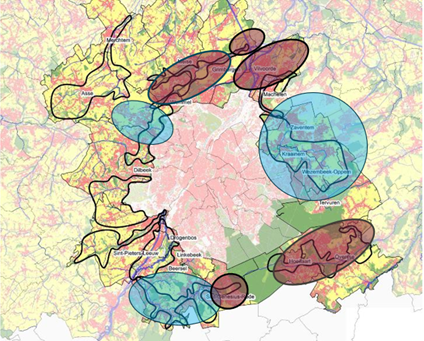 Image de la présentation du Département Omgeving indiquant les zones de projets stratégiques locaux autour de Bruxelles