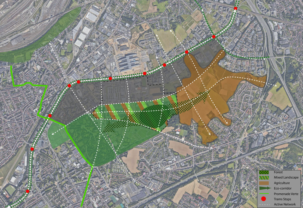 Schéma de principe (indicatif) : un paysage mixte avec au moins 20 ha de forêt comme lien entre les cimetières et Woluweveld, corridor écologique et réseau pour la mobilité active.